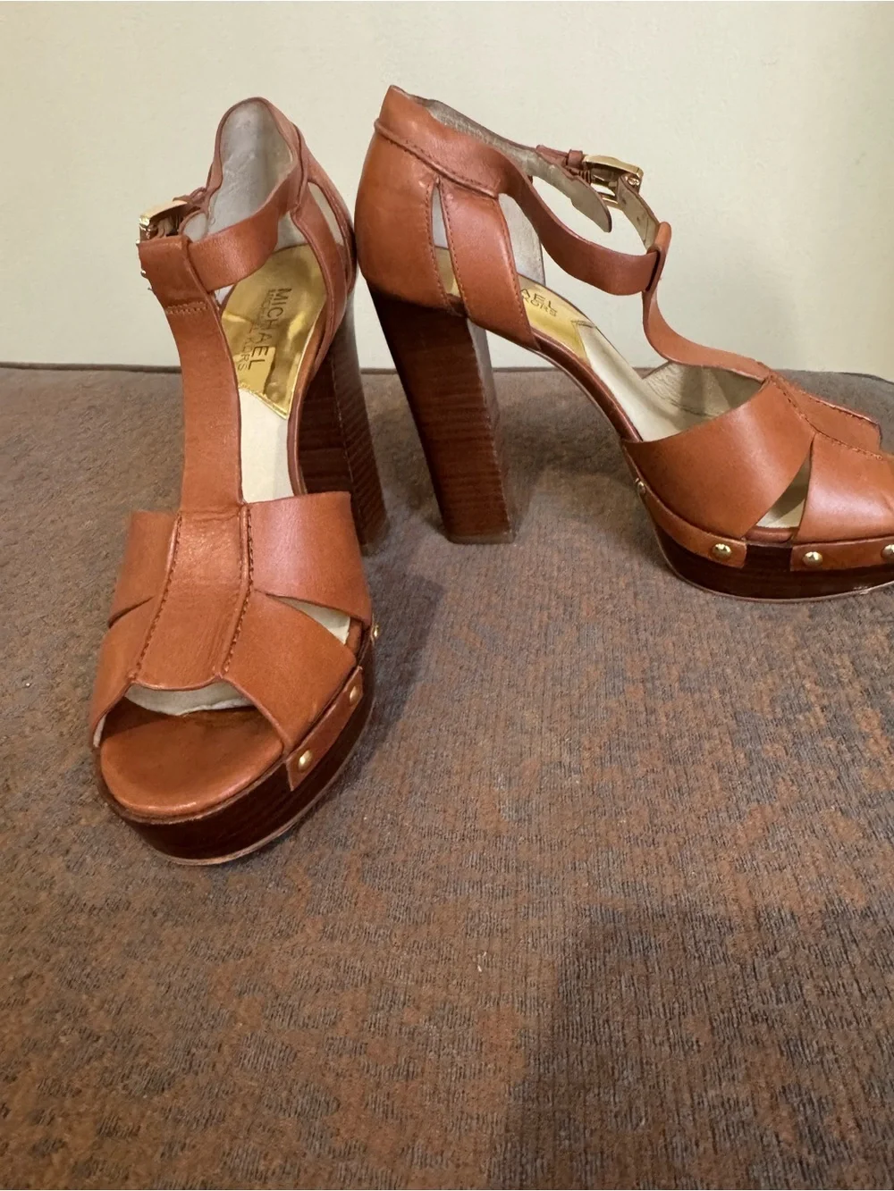 MICHAEL Michael Kors Tan Leather T-Strap Platform Heel